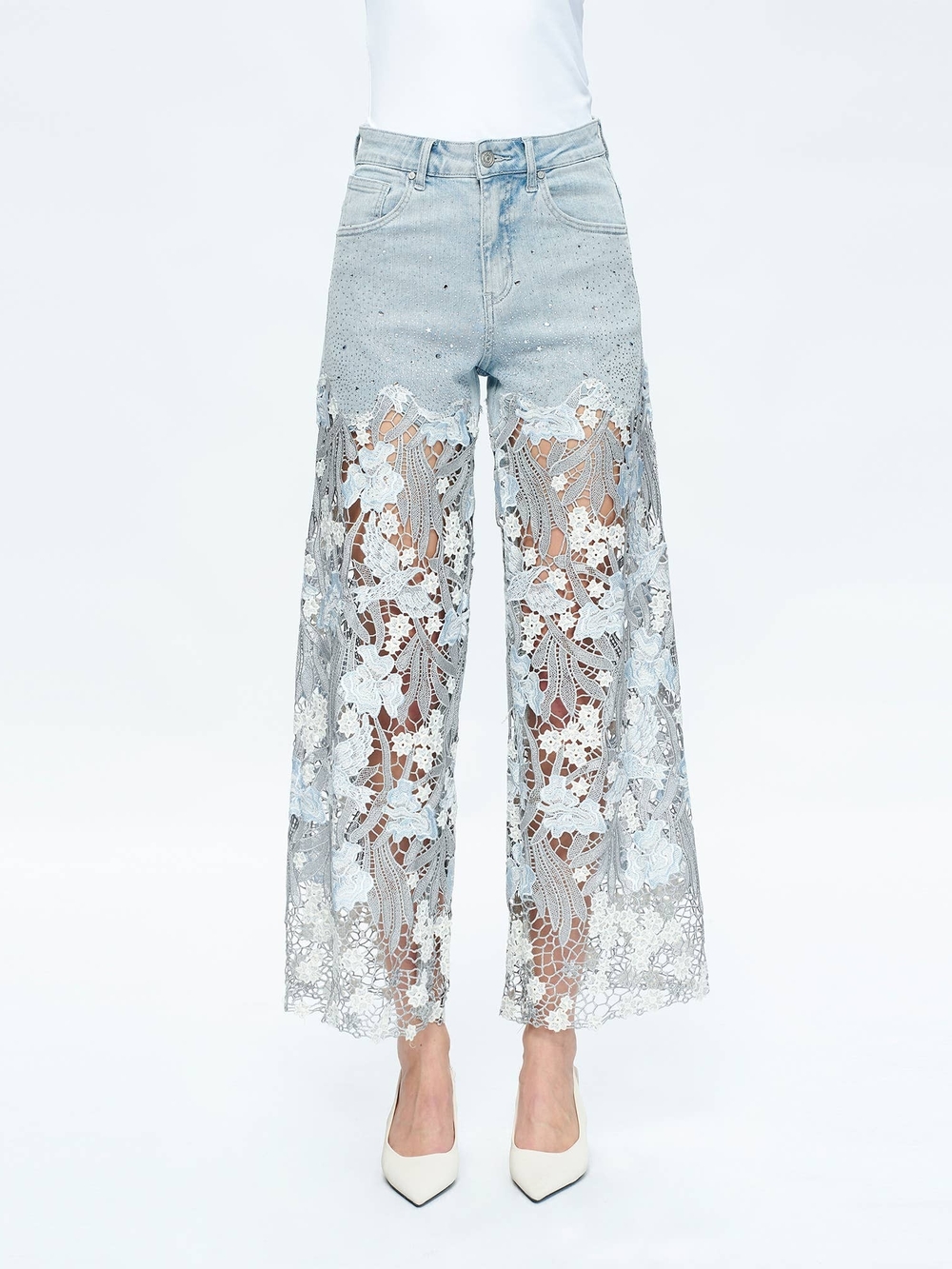 Embroidered Lace-Panel Wide-Leg Jeans in Light Blue